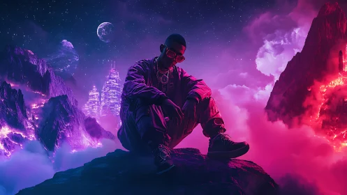 Neon-clad figure on alien cliff in vivid cosmic haze.