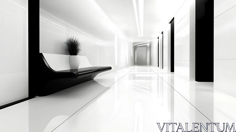 Minimalist Corridor with Contrasting Black and White Elements.
