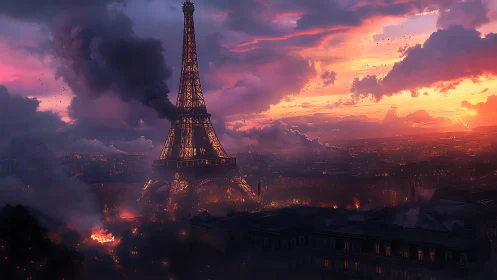 Eiffel Tower under siege amid incendiary Parisian sunset.