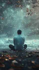 Solitary figure in swirling autumn storm of memory.