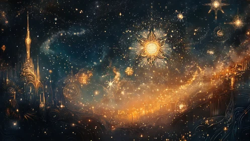 Golden celestial cityscape glows beneath intricate starfields