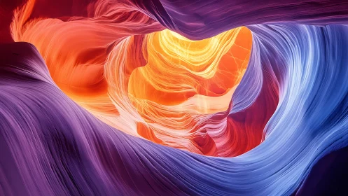 Digital painting of glowing canyon vortex with chromatic strata.