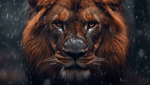 Majestic lion portrait under snowfall with cinematic lighting.