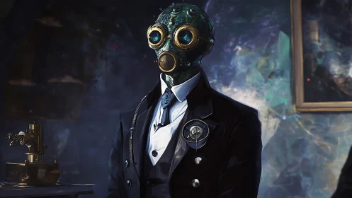 Steampunk scientist figure in formal suit and gas mask.