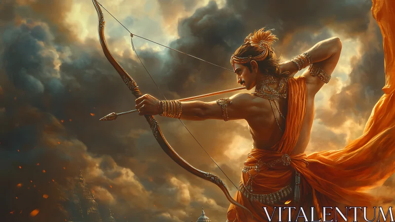 Stormlit archer carves a blazing halo through swirling clouds