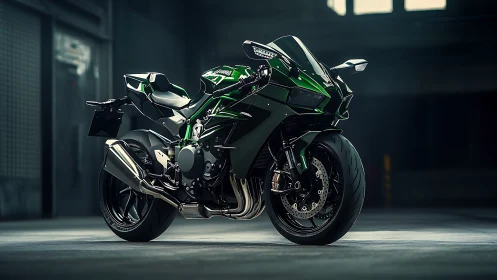 Photorealistic supersport motorcycle in dramatic low-key studio light.