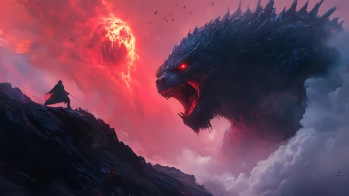 Sword wielder faces colossal fire-eyed monster in storm.