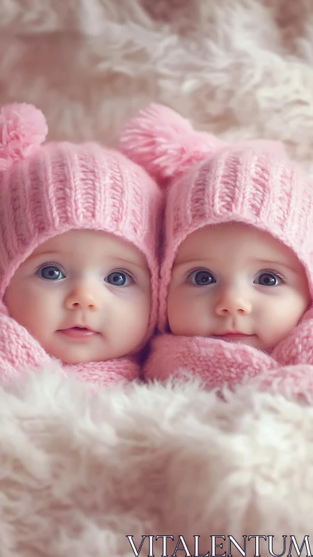Twin Babies in Pink Warmly Bundled Together