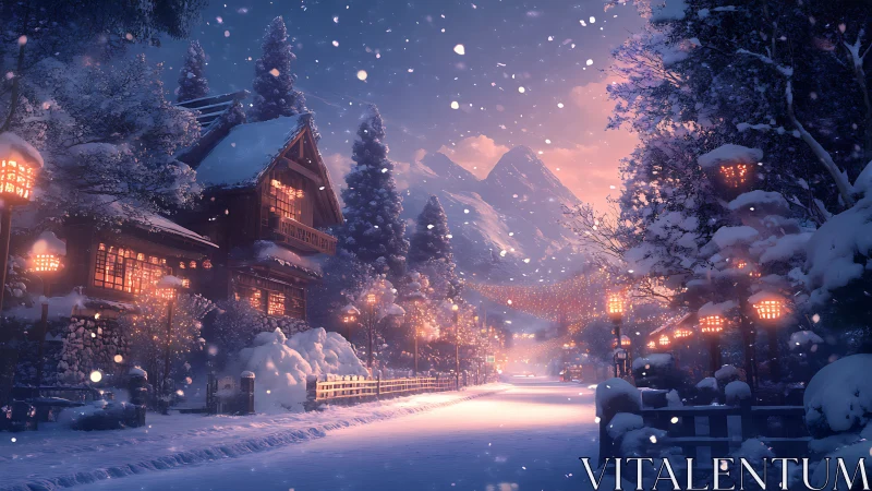 Snowy mountain village street glows with lantern light at dusk.