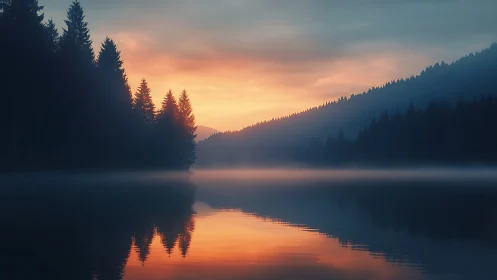 Cinematic alpine lake sunrise with mirrored conifer silhouettes.