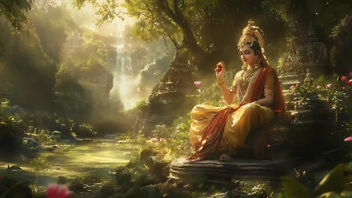 Golden goddess resting by a sunlit forest waterfall.