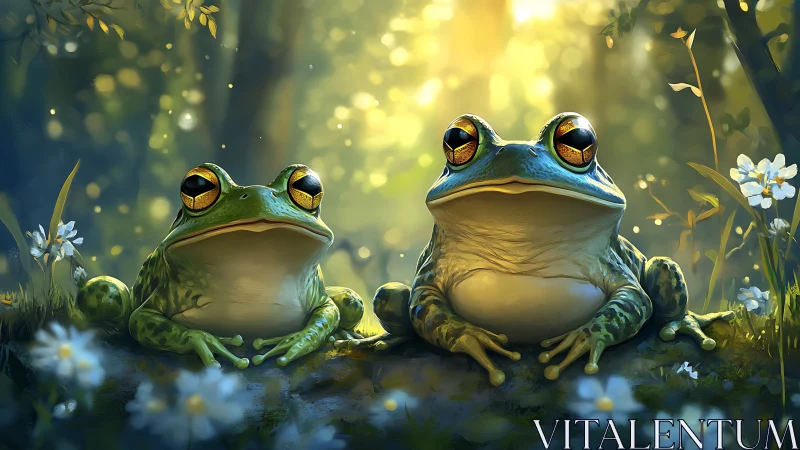 Sunlit forest frogs sharing a dreamy golden afternoon.