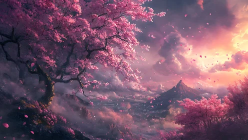 Blossoming cherry valley opens gently toward a glowing peak