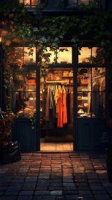Nocturnal Retail Facade: Luminous Fashion Storefront with Verdant Surround.