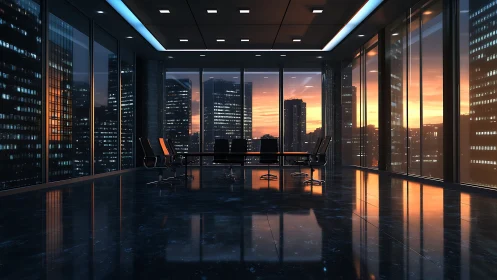 Golden Hour Reflections: Modern Office at Sunset.