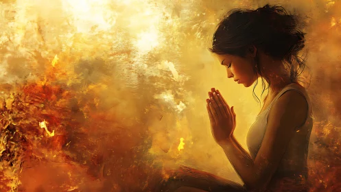 Woman in quiet prayer surrounded by glowing abstract fire