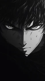 Intense anime portrait split by dramatic monochrome light.