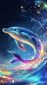 Iridescent dolphin leaping through luminous cosmic surf.