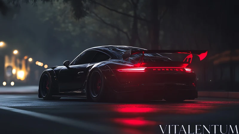 Rear three-quarter Porsche GT sports car under moody streetlights