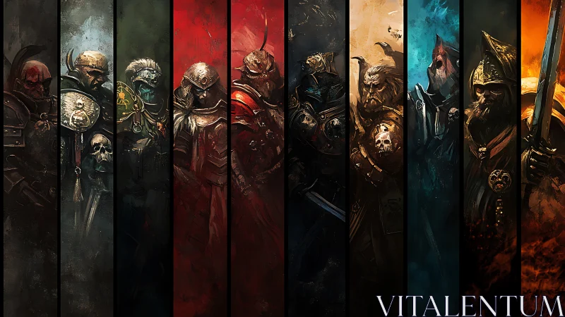 Legendary armored warriors standing in moody colored light.