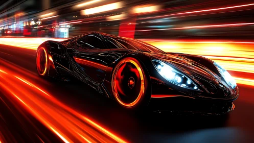 Futuristic black sports car on illuminated urban roadway.