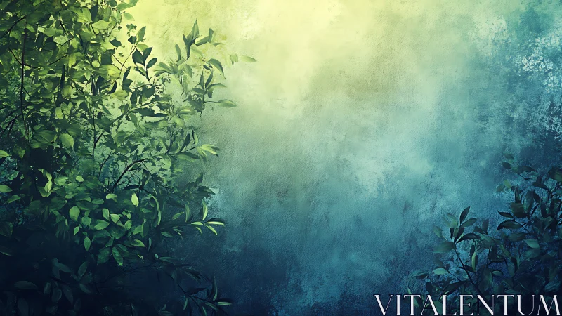 Dense green foliage against textured blue gradient wall.