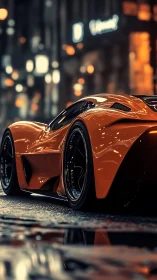 Neon-soaked hypercar prowls wet city streets at midnight.