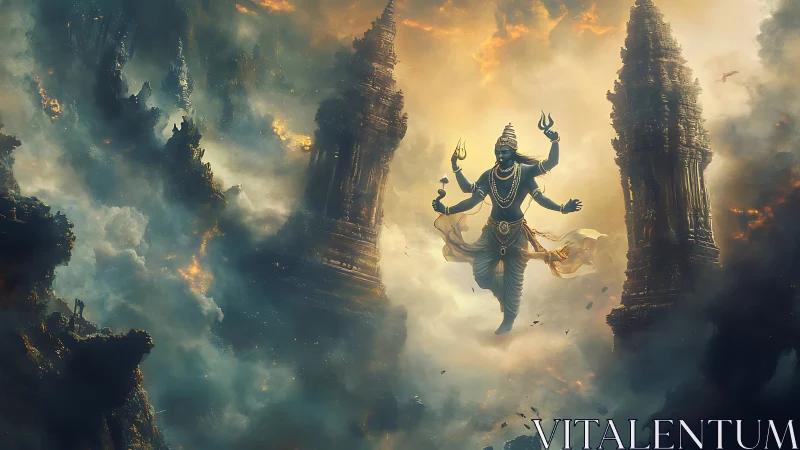 Divine figure levitates amidst collapsing temple spires in clouds