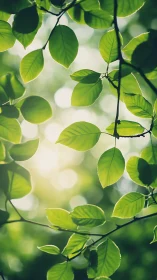 Sunlit green leaves with soft forest bokeh background.