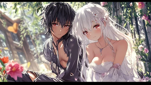Anime couple in luminous flower garden embrace at sunset.