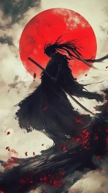 Silhouetted samurai stands before red sun with dynamic ink-like motion