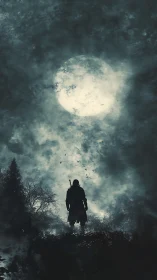 Solitary armed figure silhouetted against large full moon.