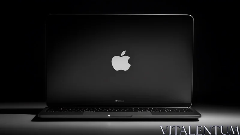 Midnight laptop glow crowns a lone luminous apple icon.