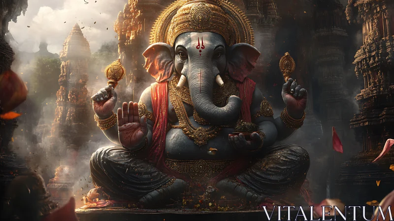 Divine Ganesha statue amid ornate mystical temple ruins.