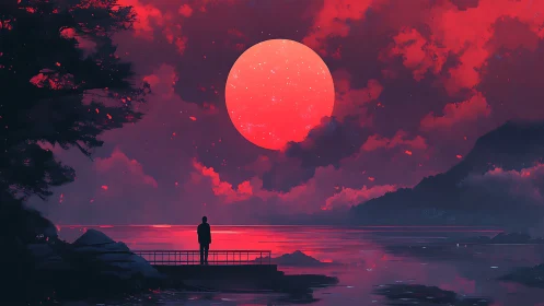Solitary figure under vivid red moon above calm water.