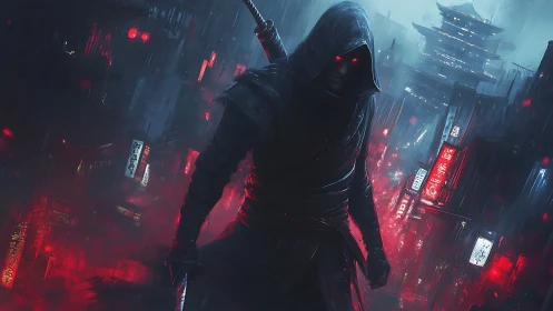 Cyberpunk hooded assassin in neon drenched rain cityscape.