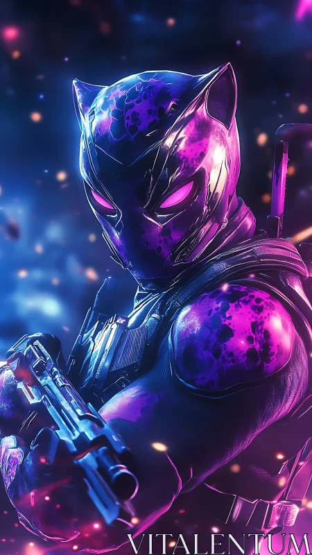 Armored feline-themed combat figure holds weapon in neon light