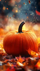 Autumn pumpkin glows amid falling leaves and warm bokeh.