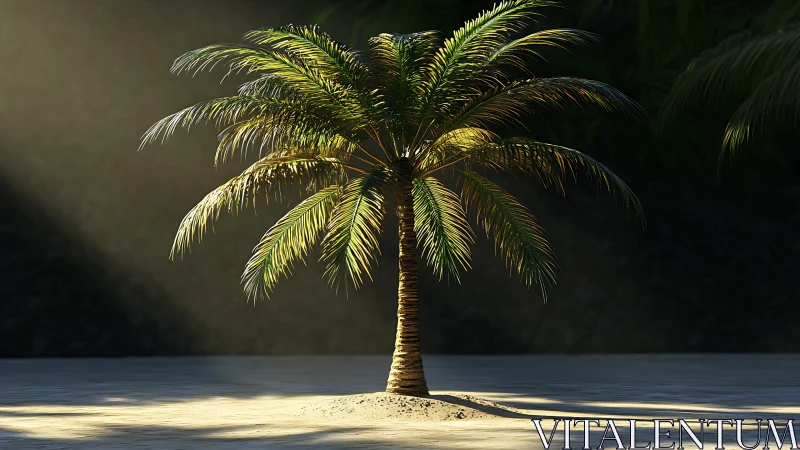 Solitary palm tree rendered on sand under directional light.