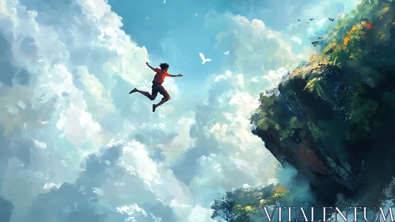 Boy leaps from cliff into luminous sky of swirling clouds