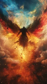 Radiant fire-winged guardian rising through cosmic skies.