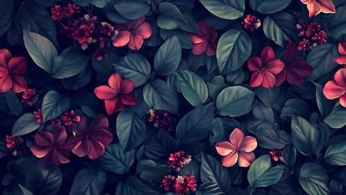 Digital floral tapestry with lush foliage and crimson blooms.