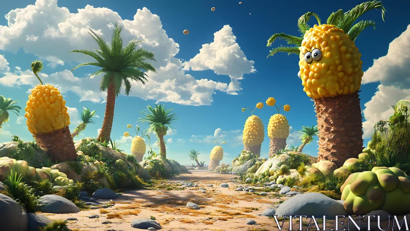 Whimsical desert lined with cartoon pineapple palm hybrids