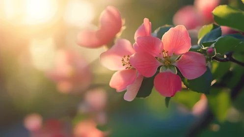 Pink Blossoms Glowing in Golden Sunlight