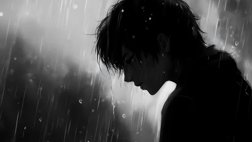 Rain-soaked silhouette bending under midnight heartweather.