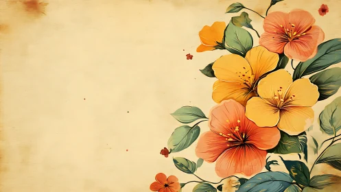 Sunlit hibiscus cascade on vintage parchment bloomscape.