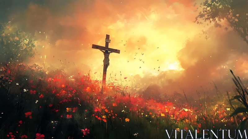 Sunlit hillside cross in a glowing field of wildflowers.