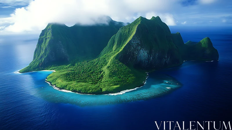 Aerial volcanic island with verdant caldera relief and tropical ocean context