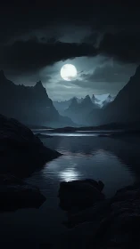 Moonlit mountains surround a tranquil, shadowed lake at night.