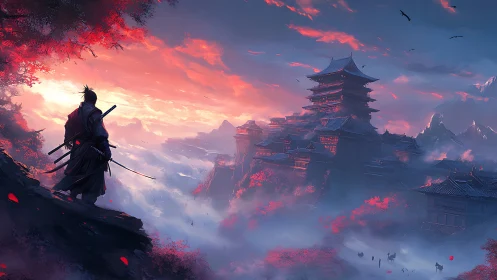 Samurai at dawn gazing over misty crimson temple valley.